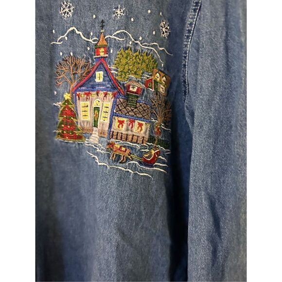 Bobbie Brooks Christmas Village Scene Chambray Shirt - Picture 4 of 5